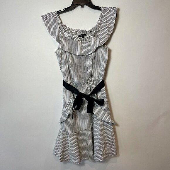 Velvet Heart Off Shoulder Fit & Flare Dress Womens L Black Belted Striped Ruffle - Picture 1 of 10